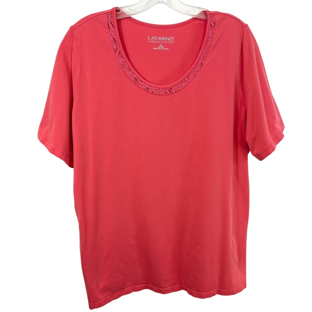 Catherines Plus Size 14/16W Top 1X Suprema Coral Pink Solid Short Sleeve 1694